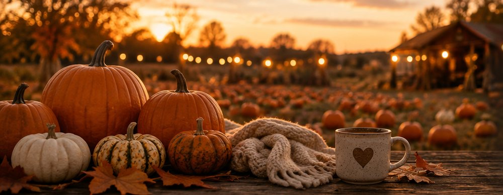 Pumpkin patch at sunset with cozy fall seasonal details