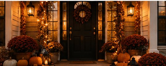 Pumpkin-themed fall porch and Halloween home decor