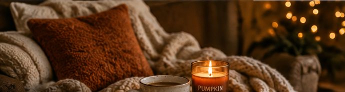 Cozy fall evening with warm blankets, pumpkin mug and candle
